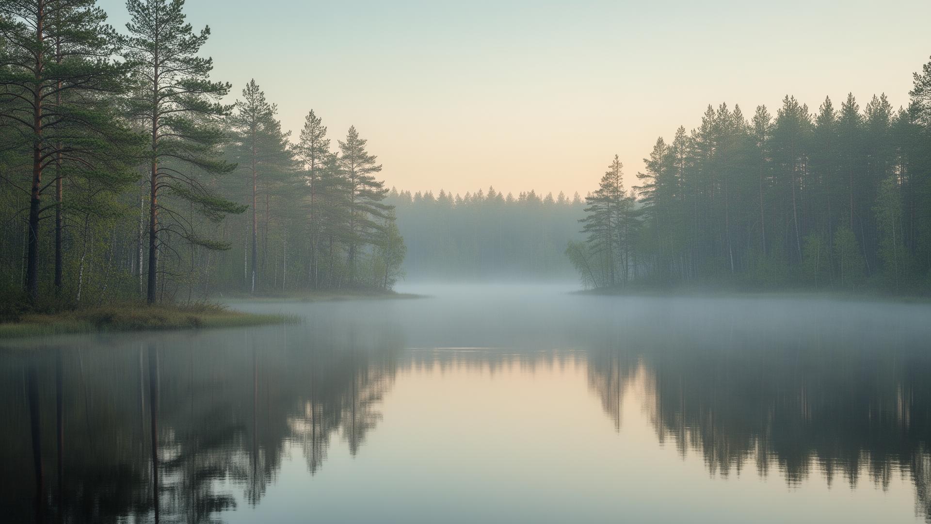 A still forest lake at dawn surrounded by pines and soft fog