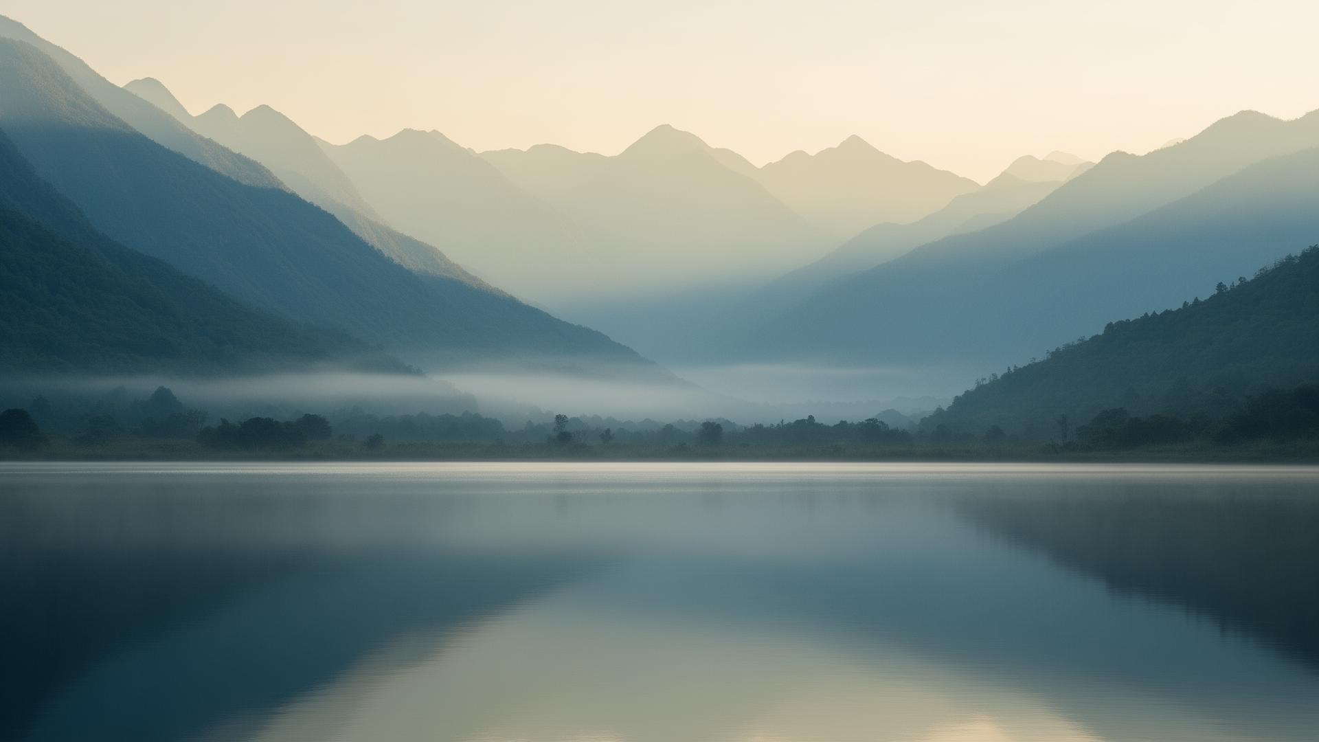 Misty mountains reflected in a calm lake at dawn